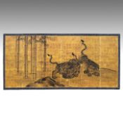A Japanese six-panel byobu folding screen, 'Tigers in a Bamboo Grove', ink on gold leaf, artist's se