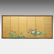 A Japanese six-panel byobu folding screen, 'Iris and Peonies', colour on gold leaf, Meiji period (19