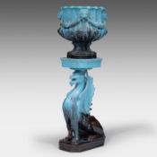 Clement Massier (1844/45-1917), a turquoise-glazed ceramic jardiniere and a Chimera stand 120 cm. (4