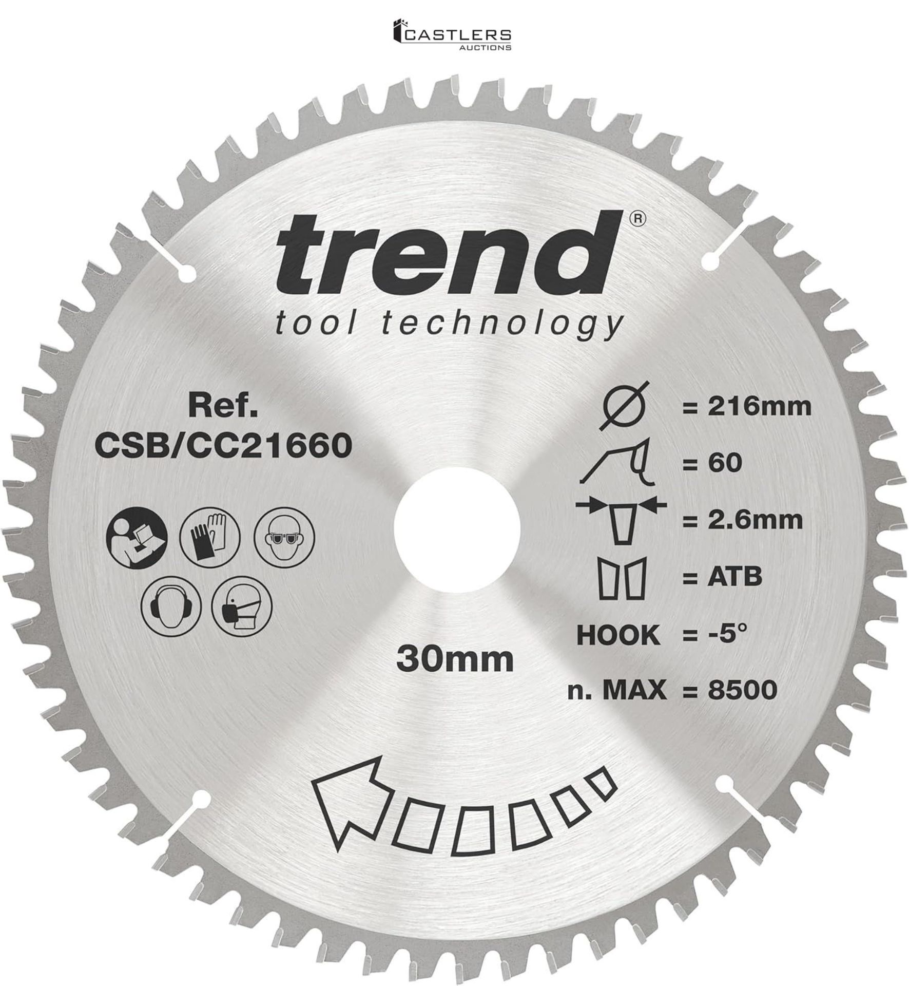 NEW - Trend Wood Mitre Saw Blade, 216mm Diameter, 30mm Bore, 60 Teeth, 2.6mm Kerf, -5° Hook, TCT, E