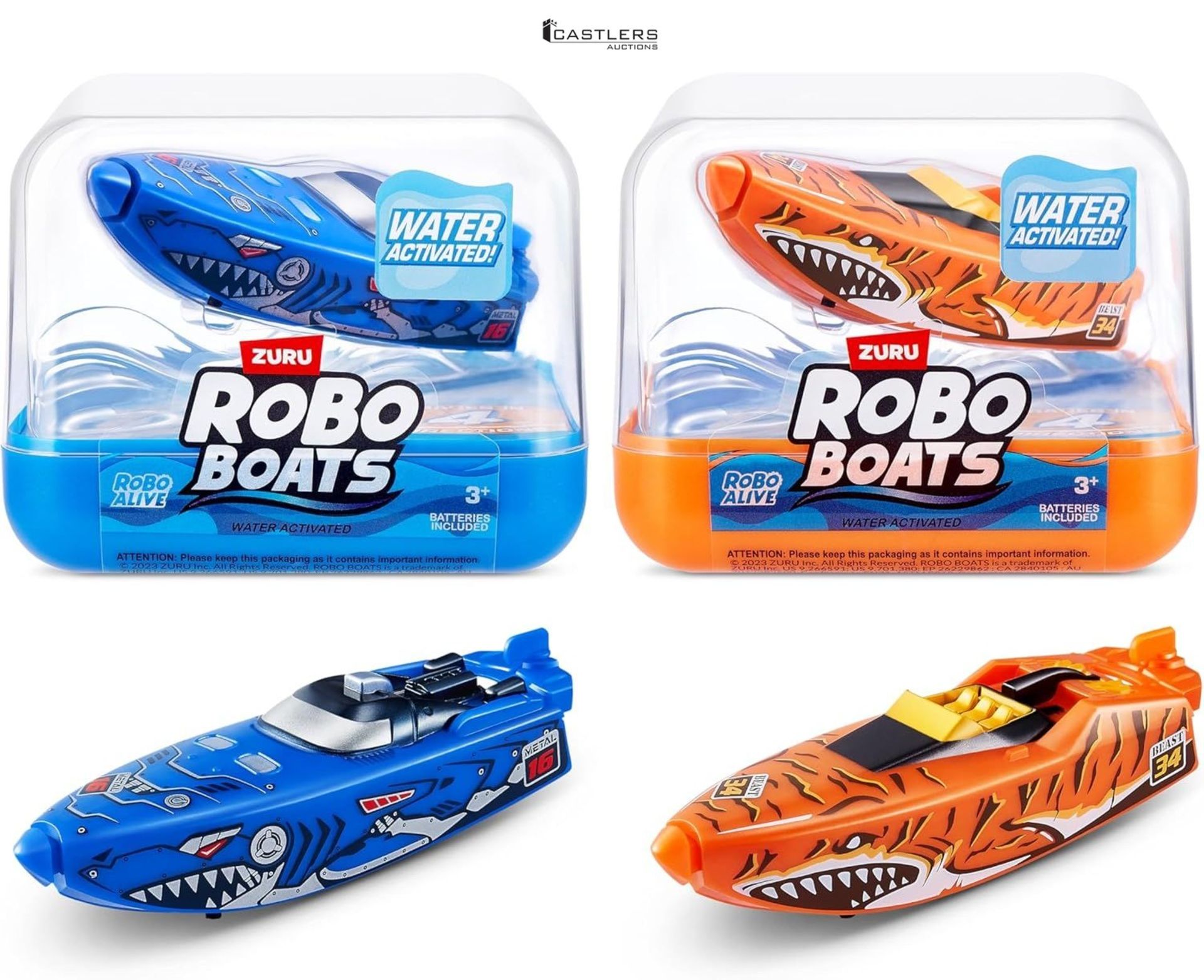 ZURU Robo Alive Robo Boats, Tiger Shark & Robo Shark Boat, 2 Pack, by ZURU Water Activated Boat Toy
