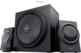 RRP £78.74 - Trust Yuri 2.1 PC Speaker System with Wooden Subwoofer (120W Peak Power, Wired Volume