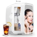 FOHERE Mini Fridge for Bedrooms, 5L/6 Can Portable Skincare Fridge with Dimmable LED Light Mirror,