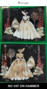 Pair of Vintage Reverse Painted Glass Pictures Depicting Crinoline Ladies, in Green Frames (30cmx34