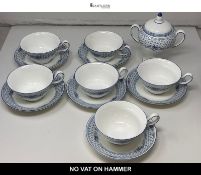 Vintage Wedgwood Bone China Tea Set Blue Floral Pattern – 6 Cups, 6 Saucers & Sugar Bowl