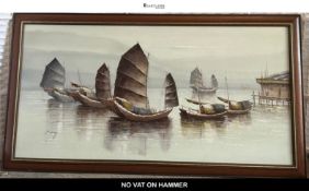 P. Wong, oil on canvas, harbour scene with sailing junks, signed lower right, in glazed frame, over