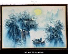 Large framed decorative oil on canvas, Asian landscape with waterfall and junk boat, signed with as