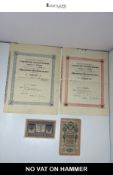 Russian Empire Antique Paper Money & Share Certificate Collection 1909 Rouble Note & Stocks