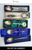 Toye, Kenning & Spencer Sterling Silver Enamel Christmas Spoons, M&R Silver Commemorative Spoon & a
