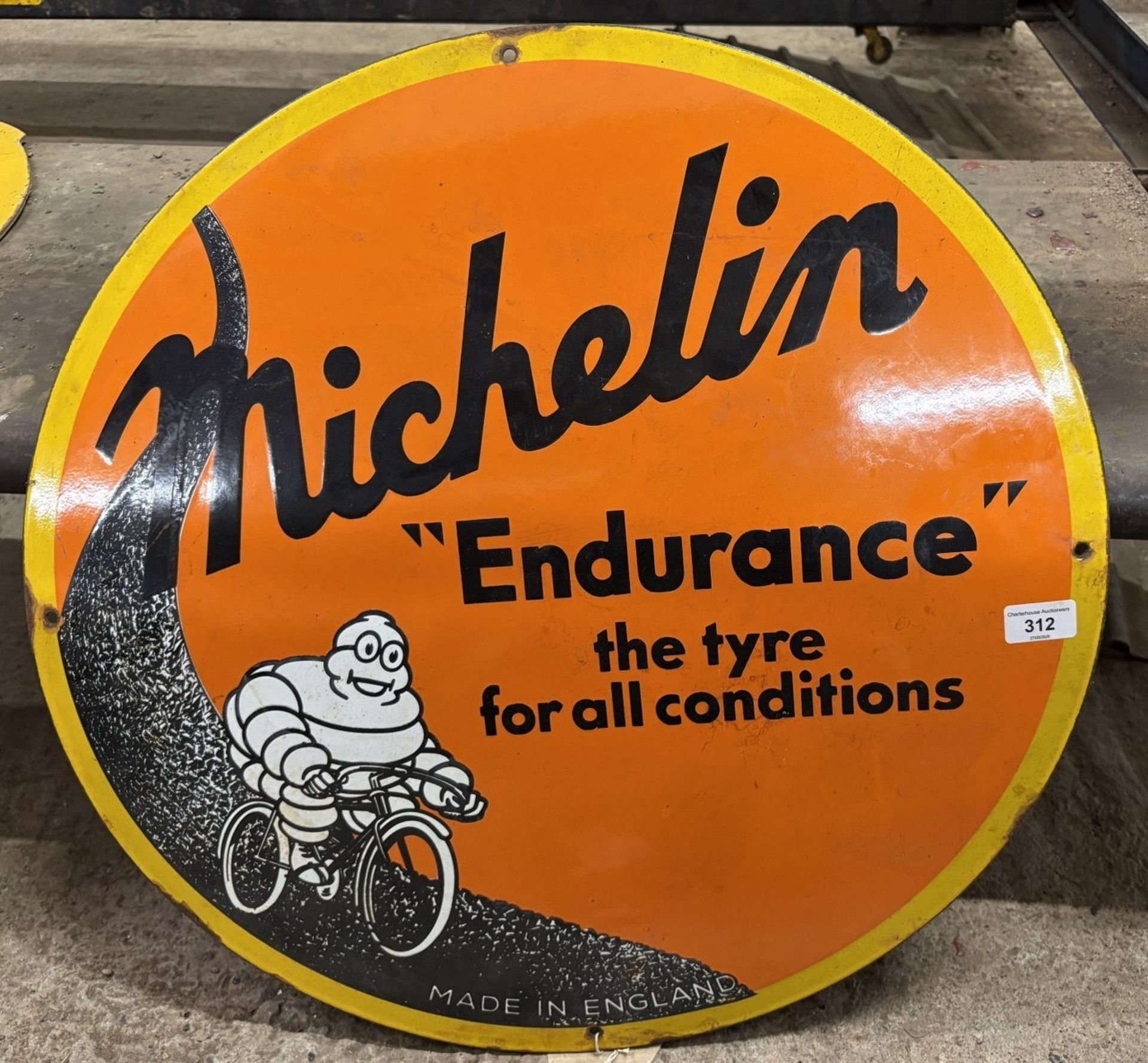An enamel sign, Michelin Endurance the tyre for all conditions, 60 cm diameter Reproduction