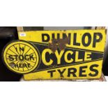 A flanged double sided enamel sign, Dunlop Cycle Tyres, in Stock Here, 36 x 67 cm Special Notices: