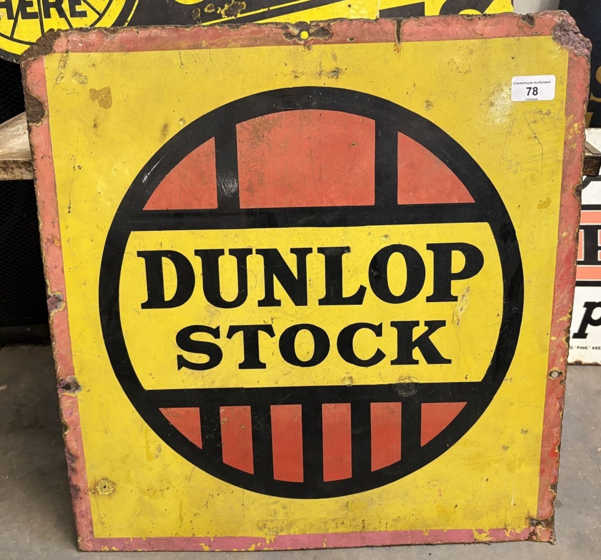 An enamel sign, Dunlop Stock, 52 x 50.5 cm Special Notices: Viewing is onsite at Moorhouse Farm,