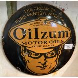 An enamel sign, Oilzum Motor Oils Lubricants, 29.5 cm diameter Looks to be a reproduction Special