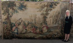 A large 18th/19th century French tapestry, decorated classical figures in a landscape, 240 x 398 cm