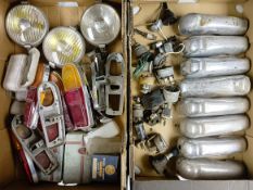 Assorted Rootes group lights, chrome overriders, gauges and other items (2 boxes) Collection from