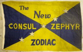 A rare Ford flag, The New Consul, Zephyr, Zodiac, approx. 180 cm wide Some moth hole damage and a