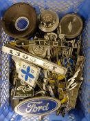 Assorted car badges, including Singer, Ford, others, a group of car badges and items (small box)