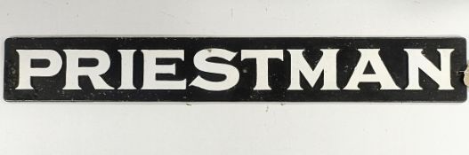 A painted aluminium sign, Priestman, 15.5 x 108 cm Collection from DT2 0PR will be on auction day