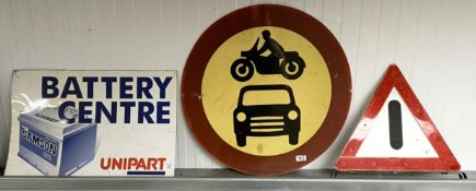 A metal sign, Unipart Battery Centre, 61 cm wide, a plastic road sign, 63 cm diameter, and a warning