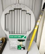 A Lucas auto bulbs garage dispenser, 86 cm high, and a Renault branded umbrella, appears unused (