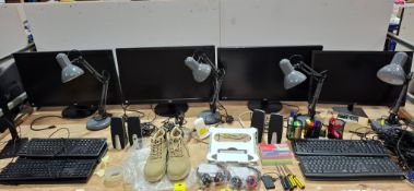 25 X OFFICE EQUIPMENT LOT CONTAINING PC MONITORS , DESK LAMPS , KEYBOARDS , HEADSETS , SPEAKERS ,