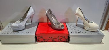 56 X BRAND NEW MIXED SHOES LOT TO INCLUDE SABATINE SILVER PEEP-TOE HEELS , DIVINE BLACK SATIN PEEP-T