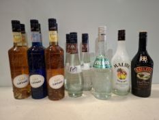 13 X MIXED ALCOHOL LOT CONTAINING X 6 GIFFARD CURACAC BLEU / CREME DE BANANE , 3 X BOLS CACAO WHITE
