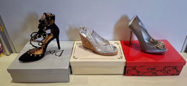 56 X BRAND NEW MIXED SHOES LOT TO INCLUDE GLAMOUR N GLITZ STUDDED STRAPPY STILETTO PUMPS IN BLACK ,
