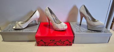 56 X BRAND NEW MIXED SHOES LOT TO INCLUDE GLAMOUR N GLITZ STILETTO HEELS IN SILVER SATIN