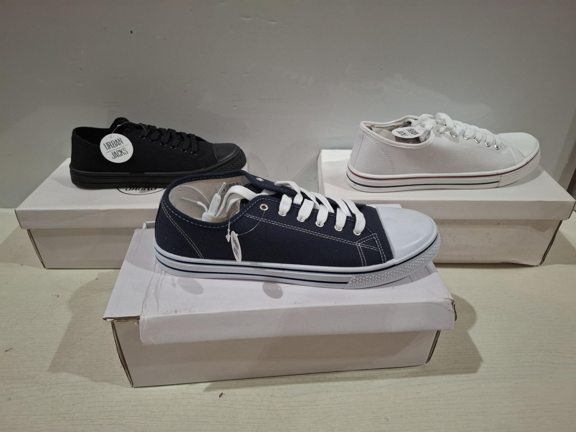 50 X BRAND NEW URBAN JACKS TRAINERS IN NAVY , ALL BLACK , WHITE AND GREY IN SIZES 3 , 4 , 5 , 6 7 ,