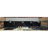 25 X OFFICE EQUIPMENT LOT CONTAINING PC MONITORS , DESK LAMPS , KEYBOARDS , HEADSETS , SPEAKERS , PO
