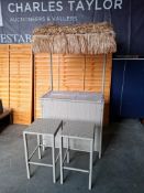 1 X IN BOX STUDIO TIKI BAR SET TO INCLUDE 1 X GLASS TABLE TIKI BAR , 2 X BAR STOOLS