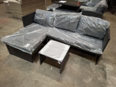 1 X IN BOX KAUAL CORNER RATTAN CHAISE SET TO INCLUDE 1 X LOVE SEAT , 1 X CHAISE , 1 X GLASS TABLE