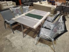 1 X 7 PIECE GARDEN LOT TO INCLUDE 1 X BOXED GREY RATTAN GLASS TOP TABLE , 6 X STACKABLE METAL / FABR