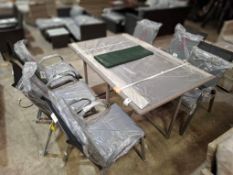 1 X PRE-BUILT  7 PIECE GARDEN LOT TO INCLUDE 1 X RATTAN GLASS TABLE TOP IN GREY , 6 X STACKABLE  MET
