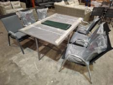 1 X 7 PIECE GARDEN LOT TO INCLUDE 1 X BOXED GREY RATTAN GLASS TOP TABLE , 6 X STACKABLE METAL / FABR