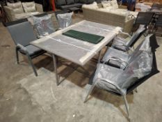 1 X 7 PIECE GARDEN LOT TO INCLUDE 1 X BOXED GREY RATTAN GLASS TOP TABLE , 6 X STACKABLE METAL / FABR