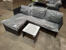 1 X IN BOX KAUAL CORNER RATTAN CHAISE SET TO INCLUDE 1 X LOVE SEAT , 1 X CHAISE , 1 X GLASS TABLE