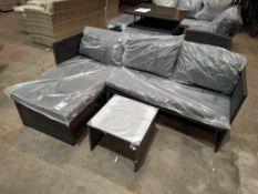 1 X IN BOX KAUAL CORNER RATTAN CHAISE SET TO INCLUDE 1 X LOVE SEAT , 1 X CHAISE , 1 X GLASS TABLE