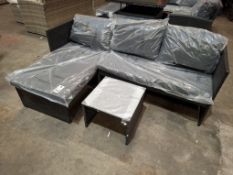 1 X IN BOX KAUAL CORNER RATTAN CHAISE SET TO INCLUDE 1 X LOVE SEAT , 1 X CHAISE , 1 X GLASS TABLE