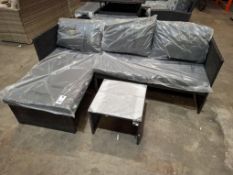 1 X IN BOX KAUAL CORNER RATTAN CHAISE SET TO INCLUDE 1 X LOVE SEAT , 1 X CHAISE , 1 X GLASS TABLE