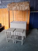 1 X IN BOX STUDIO TIKI BAR SET TO INCLUDE 1 X GLASS TABLE TIKI BAR , 2 X BAR STOOLS