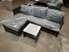 1 X IN BOX KAUAL CORNER RATTAN CHAISE SET TO INCLUDE 1 X LOVE SEAT , 1 X CHAISE , 1 X GLASS TABLE