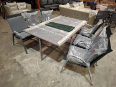 1 X 7 PIECE GARDEN LOT TO INCLUDE 1 X BOXED GREY RATTAN GLASS TOP TABLE , 6 X STACKABLE METAL / FABR