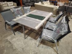 1 X 7 PIECE GARDEN LOT TO INCLUDE 1 X BOXED GREY RATTAN GLASS TOP TABLE , 6 X STACKABLE METAL / FABR