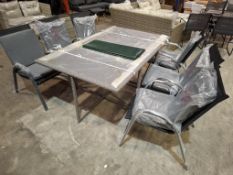 1 X 7 PIECE GARDEN LOT TO INCLUDE 1 X BOXED GREY RATTAN GLASS TOP TABLE , 6 X STACKABLE METAL /