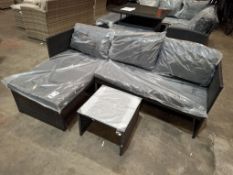 1 X IN BOX KAUAL CORNER RATTAN CHAISE SET TO INCLUDE 1 X LOVE SEAT , 1 X CHAISE , 1 X GLASS TABLE