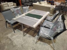1 X 7 PIECE GARDEN LOT TO INCLUDE 1 X BOXED GREY RATTAN GLASS TOP TABLE , 6 X STACKABLE METAL / FABR