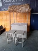 1 X IN BOX STUDIO TIKI BAR SET TO INCLUDE 1 X GLASS TABLE TIKI BAR , 2 X BAR STOOLS