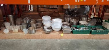 X - LARGE BAY FULL OF KITCHEN UTENSILS LOT TO INCLUDE LARGE INDUSTRIAL STAINLESS STEEL STOCK POTS ,